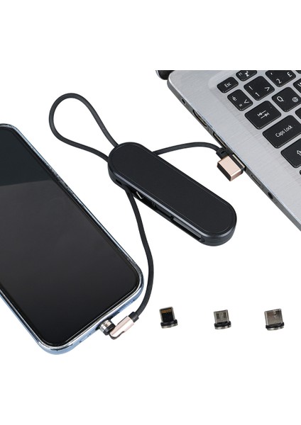 Siyah 3in1 (Type C- Lightning- Micro Usb) Manyetik Uç Taşınabilir Şarj Kablosu (4886)