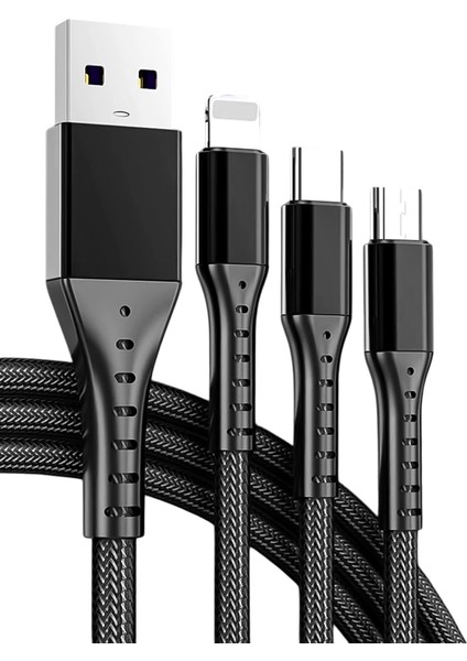 3ın1 Siyah 1.2 Metre (Mıcro USB - Lıghtnıng - Type C) Telefon Şarj Kablosu (4886)