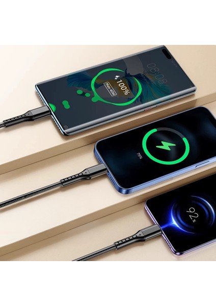 3ın1 Siyah 1.2 Metre (Mıcro USB - Lıghtnıng - Type C) Telefon Şarj Kablosu (4886)