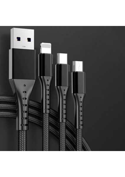 3ın1 Siyah 1.2 Metre (Mıcro USB - Lıghtnıng - Type C) Telefon Şarj Kablosu (4886)