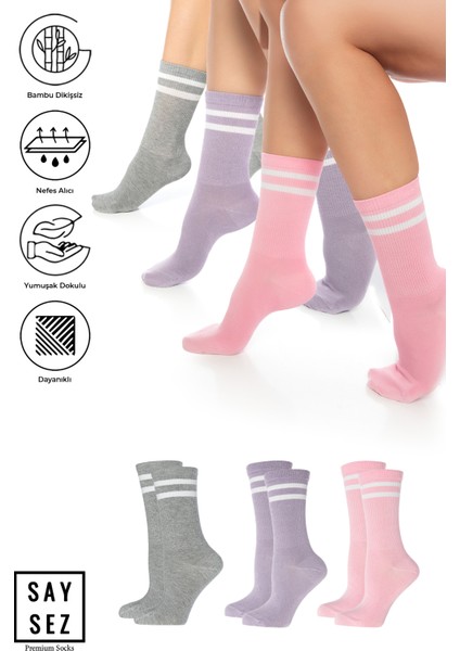 Bambu Unisex Tenis Kolej Çizgili Premium Dikişsiz Soket Çorap 3'lü Paket