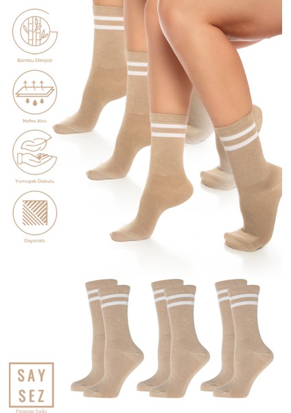 Bambu Unisex Tenis Kolej Çizgili Premium Dikişsiz Soket Çorap 3'lü Paket