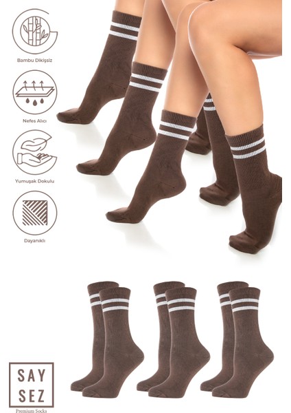 Bambu Unisex Tenis Kolej Çizgili Premium Dikişsiz Soket Çorap 3'lü Paket