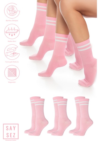 Bambu Unisex Tenis Kolej Çizgili Premium Dikişsiz Soket Çorap 3'lü Paket