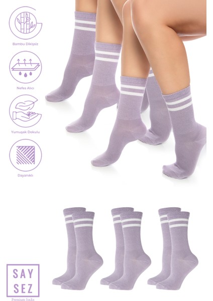 Bambu Unisex Tenis Kolej Çizgili Premium Dikişsiz Soket Çorap 3'lü Paket