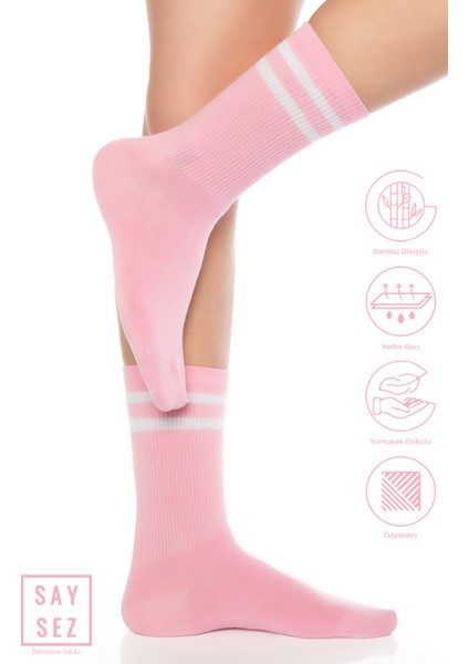 Bambu Unisex Tenis Kolej Çizgili Premium Pembe Renk Dikişsiz Soket Çorap