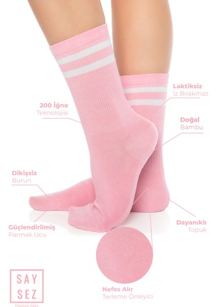 Bambu Unisex Tenis Kolej Çizgili Premium Pembe Renk Dikişsiz Soket Çorap