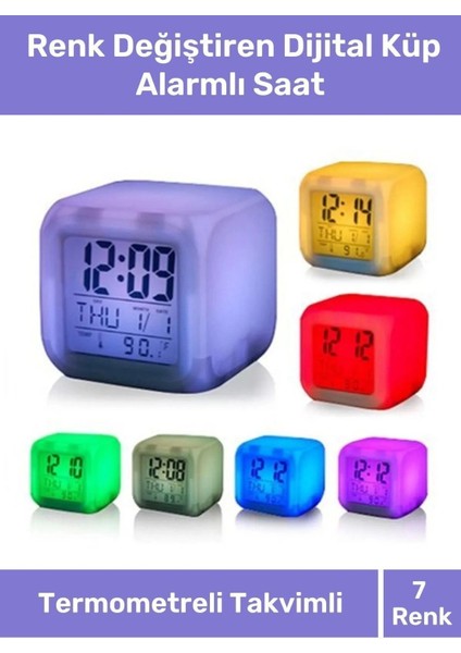 Hediyelik Dekoratif Termometreli Takvimli 7 Renk Değiştiren Dijital Küp Alarmlı Masa Çalar Saat