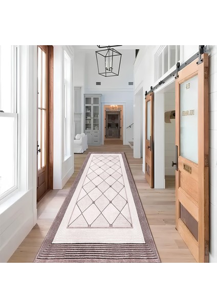 Kaymaz Taban Yıkanabilir Modern Salon Mutfak Koridor Halısı Pembe 4022
