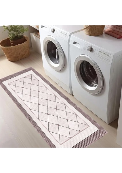 Kaymaz Taban Yıkanabilir Modern Salon Mutfak Koridor Halısı Pembe 4022