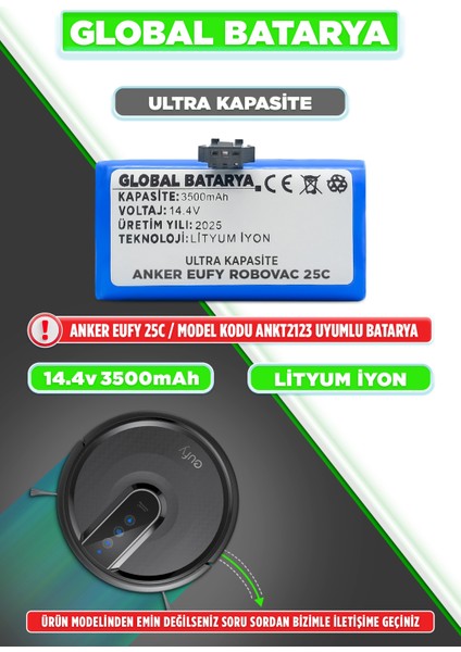 Anker Eufy Robovac 25C Uyumlu Batarya 14.4V 3500MAH Li-Ion Pil (Ultra Kapasite)