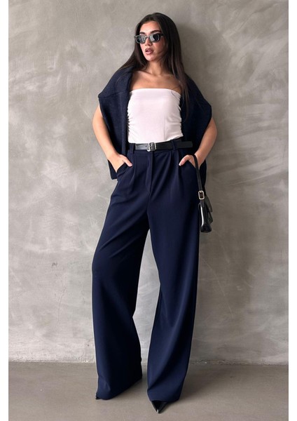 Lacivert Çift Pileli Kemerli Pantolon MG2330