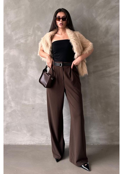 Kahverengi Çift Pileli Kemerli Pantolon MG2330