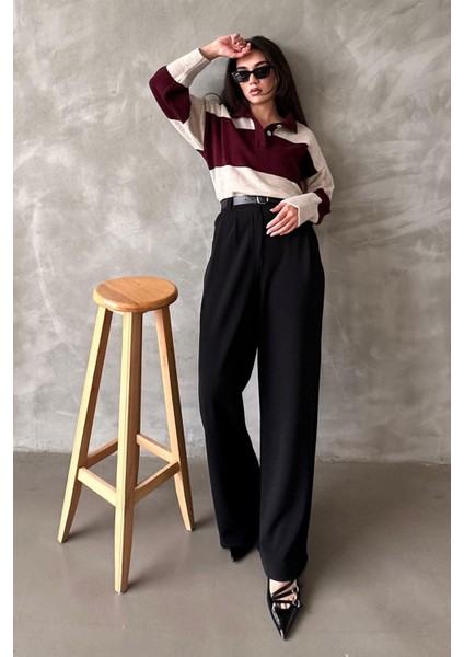 Siyah Çift Pileli Kemerli Pantolon MG2330 modelleri