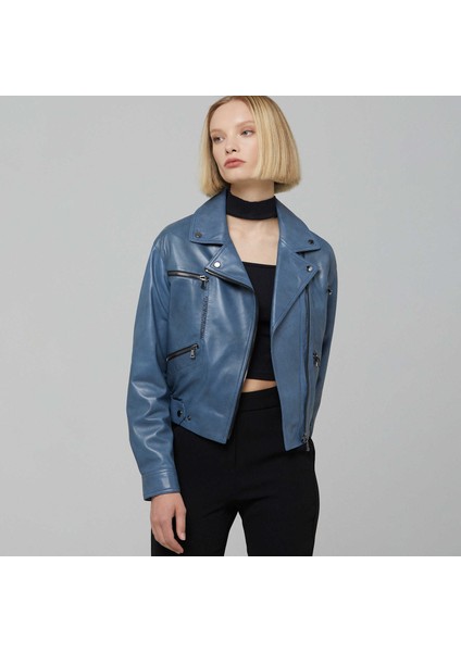 Mavi Hakiki Deri Kadın Hakiki Deri Biker Mont - K22IDM320232-R53 fırsatları
