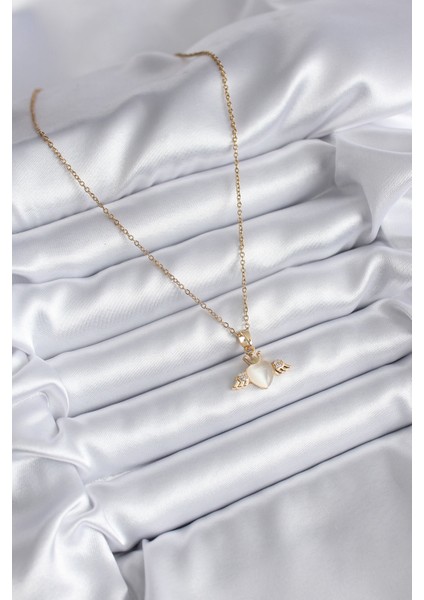 316L Çelik Gold Renk Kanatlı Kalp Model Zirkon Taşlı Kadın Kolye - TJ-BKO8119