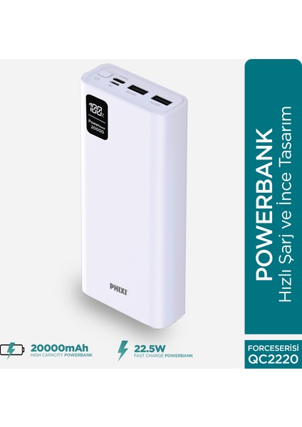 Force QC2220 20.000MAH LCD Ekranlı 22.5W Pd Destekli Powerbank