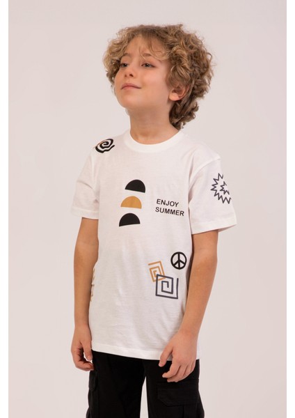 Baskılı Pamuklu Bisiklet Yaka Yazlık Erkek Çocuk T-Shirt