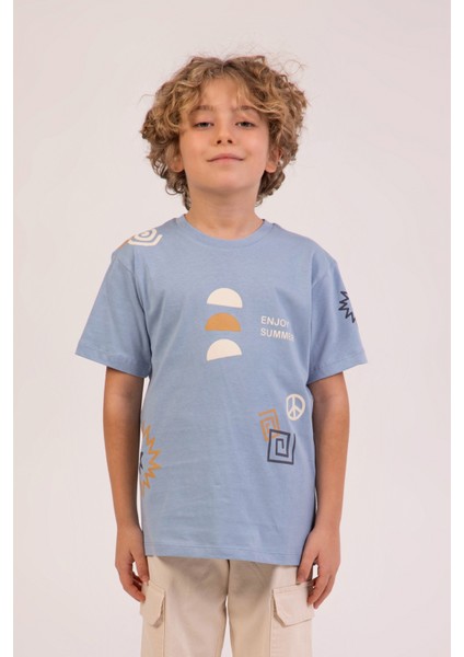 Baskılı Pamuklu Bisiklet Yaka Yazlık Erkek Çocuk T-Shirt