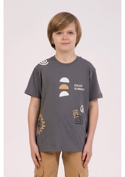 Baskılı Pamuklu Bisiklet Yaka Yazlık Erkek Çocuk T-Shirt