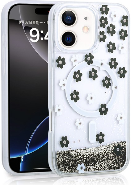 Apple iPhone 11 Uyumlu Kılıf Sıvılı Simli Baskılı Şeffaf Arka Yüzey Mossa Silikon Kapak-Siyah