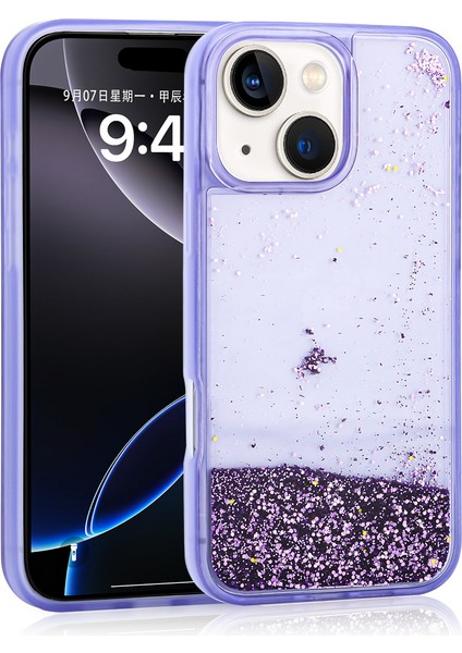 Apple iPhone 14 Uyumlu Kılıf Sıvılı Simli Şeffaf Arka Yüzey Keto Silikon Kapak-Mor