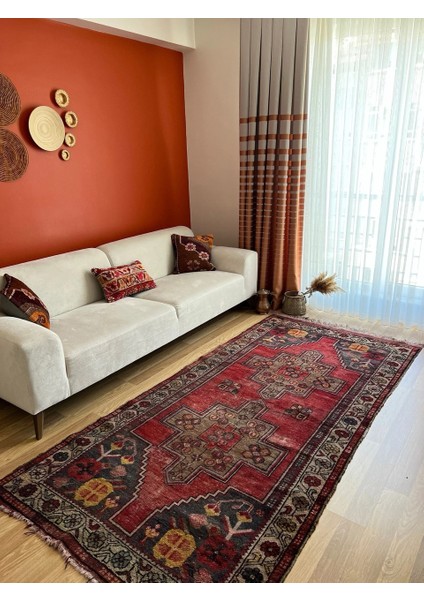 128X257 cm El Dokuma Nostaljik Halı, Harika Dekoratif Salon Halısı, Antika Severler Için Kırmızı Halı, Uşak Halısı modelleri