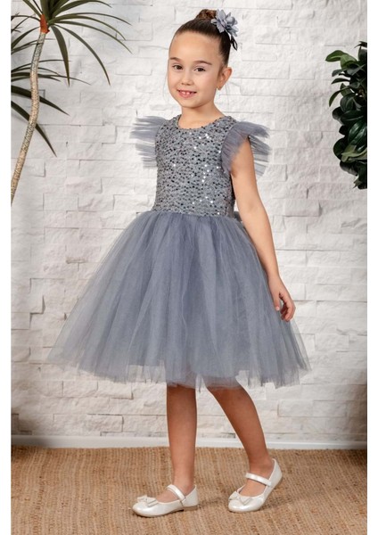 Küpeli Pul Payet Tüllü Kız Çocuk Elbise MNK0526