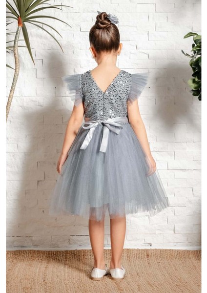 Küpeli Pul Payet Tüllü Kız Çocuk Elbise MNK0526 fiyatları