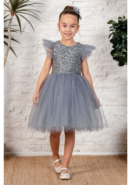 Küpeli Pul Payet Tüllü Kız Çocuk Elbise MNK0526 modelleri