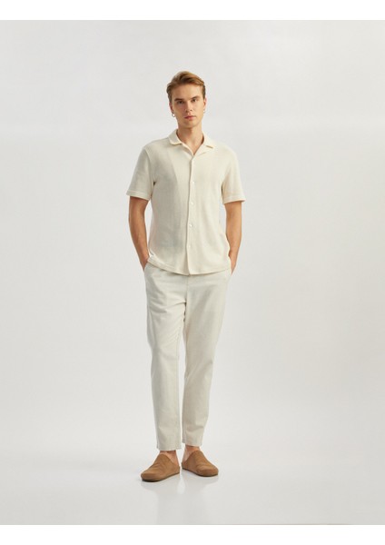 Keten Pamuk Karışımlı Cep Detaylı Beli Bağcıklı Çizgili Chino Pantolon