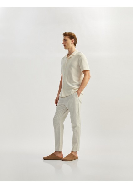 Keten Pamuk Karışımlı Cep Detaylı Beli Bağcıklı Çizgili Chino Pantolon fiyatları