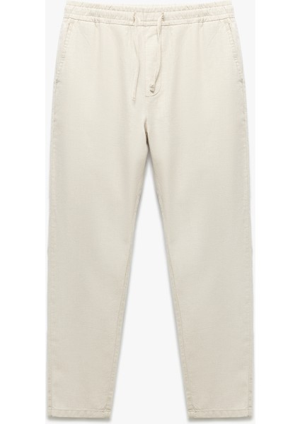 Keten Pamuk Karışımlı Cep Detaylı Beli Bağcıklı Çizgili Chino Pantolon modelleri