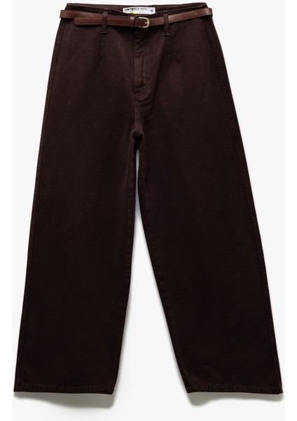 Düğmeli Kesik Geniş Paça Kemerli Pantolon - Wide Leg Jeans