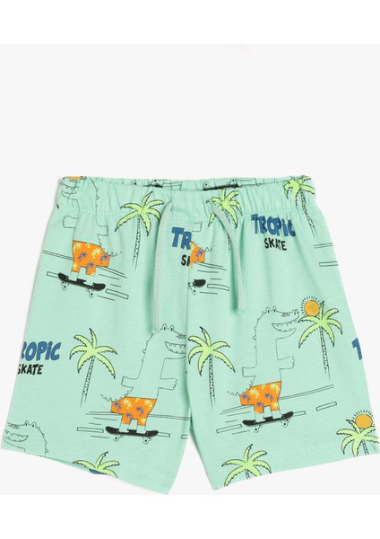 Palmiye Baskılı Pamuklu Beli Lastikli Bermuda Şort