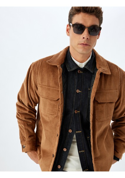 Slim Fit Ceket Fitilli Kadife Gömlek Yaka Kapaklı Cep Detaylı Pamuklu