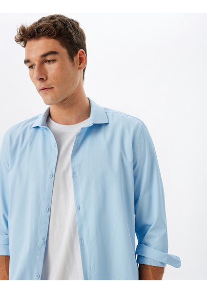 Klasik Gömlek Slim Fit Uzun Kollu Yarım Italyan Yaka Pamuk Karışımlı