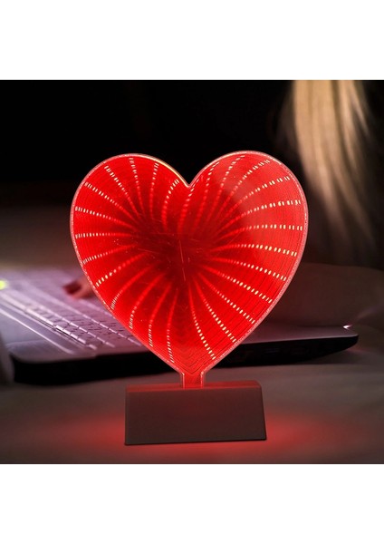 2 Adet Vıp 3D Işıklı Kalp Romantik Dekor Işık 3D Heart Tunnel Lamp Red Light Kalpli Pilli LED Işık