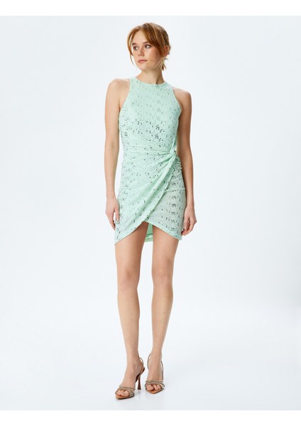 Simli Halter Yaka Kolsuz Bodycon Mini Elbise