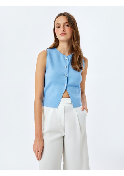 Düğmeli Kolsuz Bisiklet Yaka Triko Yelek