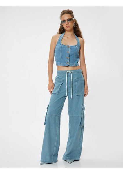 Oversize Kargo Kot Pantolon Beli Lastikli Cep Detaylı - Loose Straight Fit Jeans