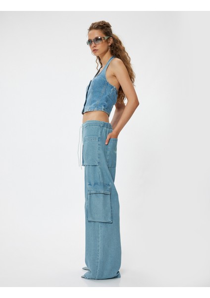 Oversize Kargo Kot Pantolon Beli Lastikli Cep Detaylı - Loose Straight Fit Jeans fiyatları