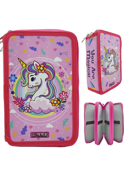 Xl Jumbo Model Unicorn Bahar Kalem Kutusu Organizer Kalemkutu 3 Bölmeli Kalemlik Pembe