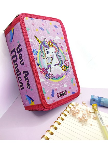 Xl Jumbo Model Unicorn Bahar Kalem Kutusu Organizer Kalemkutu 3 Bölmeli Kalemlik Pembe