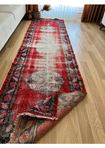 88 x 336 cm Antika Yolluk, Vintage Uzun Koridor Halısı, Kırmızı El Dokuma Anadolu Yolluk