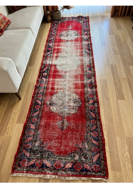 88 x 336 cm Antika Yolluk, Vintage Uzun Koridor Halısı, Kırmızı El Dokuma Anadolu Yolluk modelleri