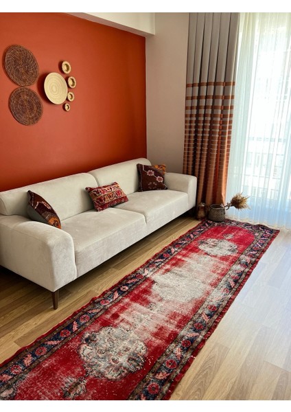 88 x 336 cm Antika Yolluk, Vintage Uzun Koridor Halısı, Kırmızı El Dokuma Anadolu Yolluk fırsatları