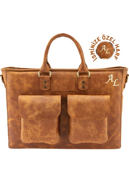 Isminize Özel Harf Unisex Evrak / Laptop Çantası - Camel