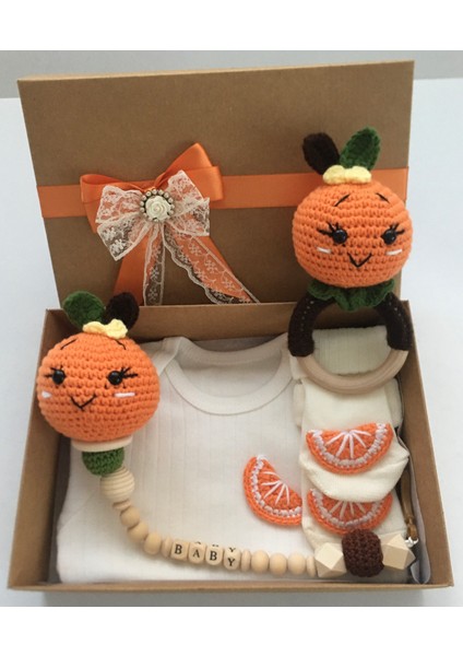 Hoşgeldin Bebek, Unisex, Yenidoğan Bebek, Portakal Amigurumi Isimli Emzik Askısı Hediye Seti