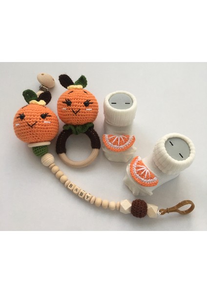 Hoşgeldin Bebek, Unisex, Yenidoğan Bebek, Portakal Amigurumi Isimli Emzik Askısı Hediye Seti modelleri